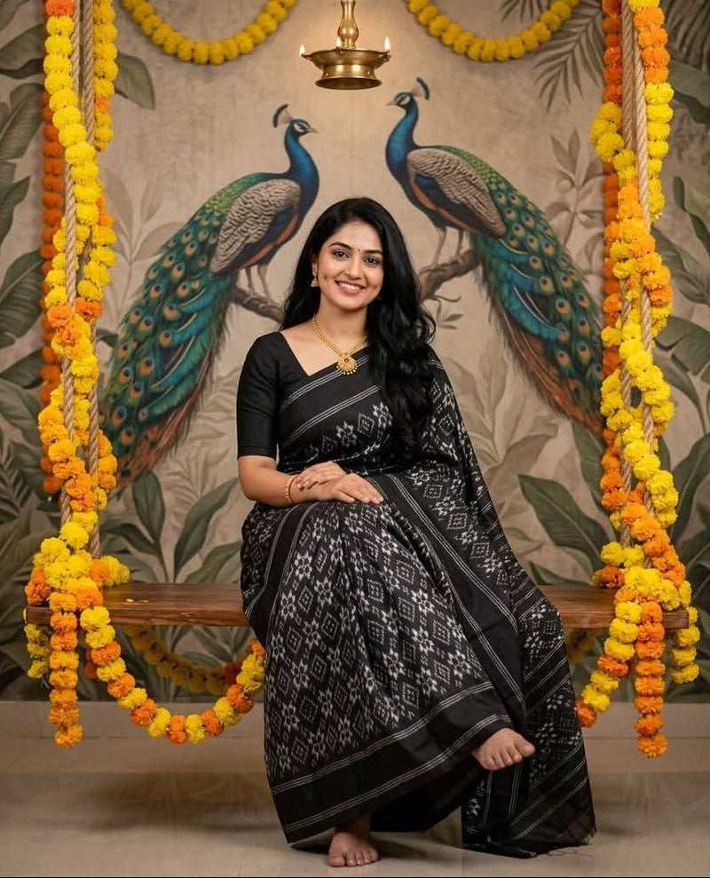 Black and White Pochampally Ikkat Silk Saree Silver Zari | With Blouse Piece