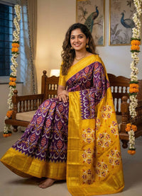 Purple and Yellow Pochampally Ikkat Silk Saree Gold Zari | With Blouse Piece
