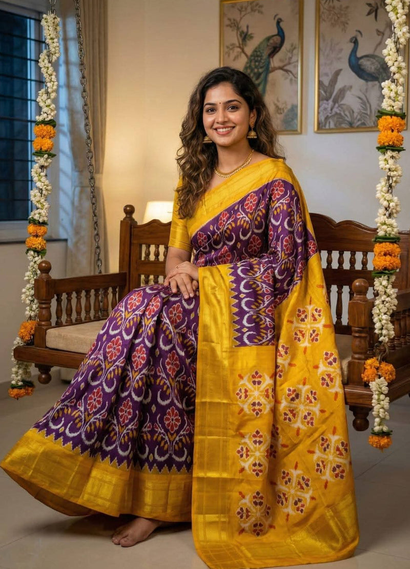 Purple and Yellow Pochampally Ikkat Silk Saree Gold Zari | With Blouse Piece