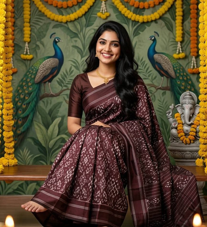 Deep Chocolate Brown Pochampally Ikkat Silk Saree Silver Zari | With Blouse Piece