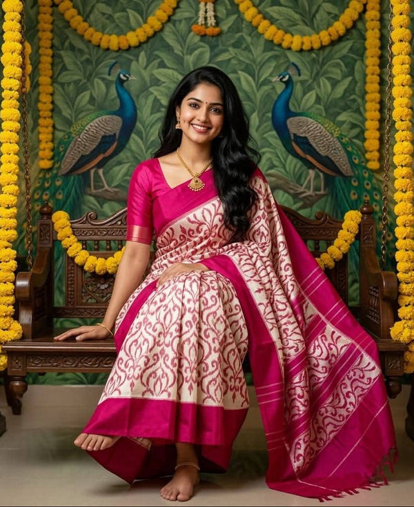 Off-White Magenta Pochampally Ikkat Silk Saree with Swirl Motifs | With Blouse Piece
