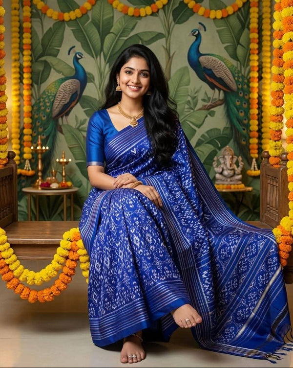 Royal Blue Pochampally Ikkat Pure Silk Saree Silver Zari | With Blouse Piece