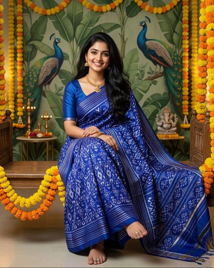 Royal Blue Pochampally Ikkat Pure Silk Saree Silver Zari | With Blouse Piece