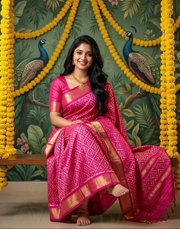 Magenta Pink Pochampally Ikkat Silk Saree with Gold Zari | With Blouse Piece
