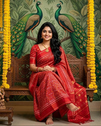 Red Pochampally Ikkat Silk Saree Gold Zari Diamond Motifs | With Blouse Piece