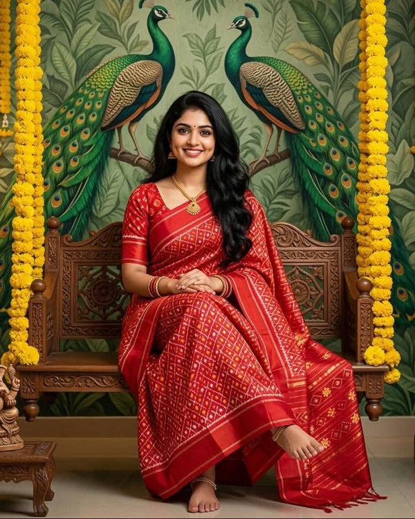 Red Pochampally Ikkat Silk Saree Gold Zari Diamond Motifs | With Blouse Piece