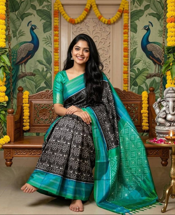 Black and Sea Green Pochampally Ikkat Pure Silk Saree | With Blouse Piece