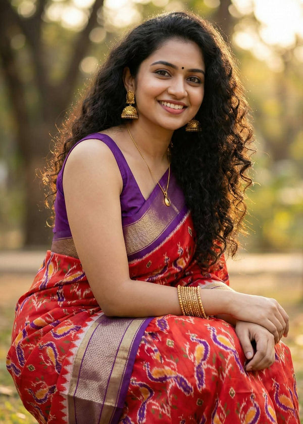 Red and Purple Pochampally Ikkat Silk Saree Gold Zari | With Blouse Piece