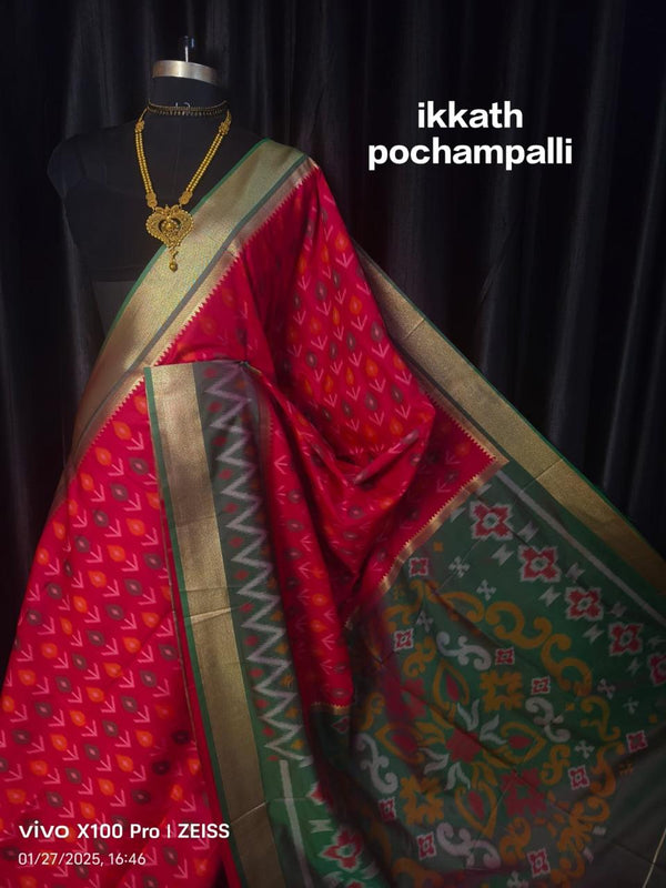 Pochampally Ikkat Pure Pattu Silk Saree | With Blouse Piece