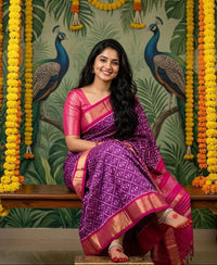 Purple and Pink Pochampally Ikkat Silk Saree Gold Zari | With Blouse Piece
