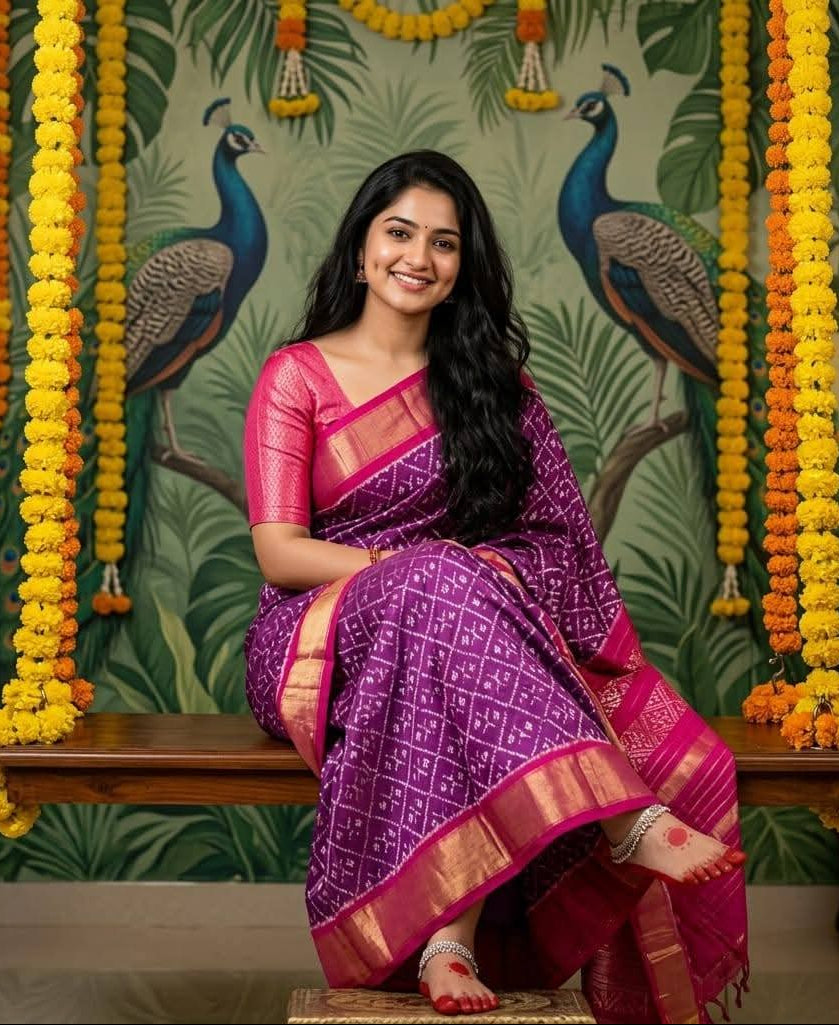 Purple and Pink Pochampally Ikkat Silk Saree Gold Zari | With Blouse Piece