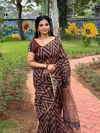 Terracotta And Black Zigzag Print Chanderi Cotton Saree | With Blouse Piece