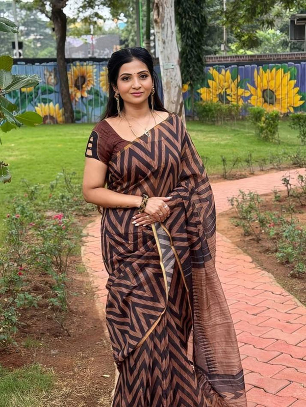 Terracotta And Black Zigzag Print Chanderi Cotton Saree | With Blouse Piece