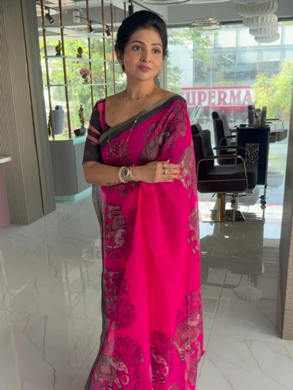 Vibrant Pink Elephant Motif Chanderi Cotton Saree | With Blouse Piece