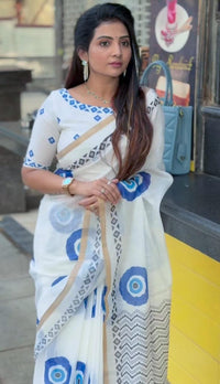 White And Blue Evil Eye Print Chanderi Cotton Saree | With Blouse Piece