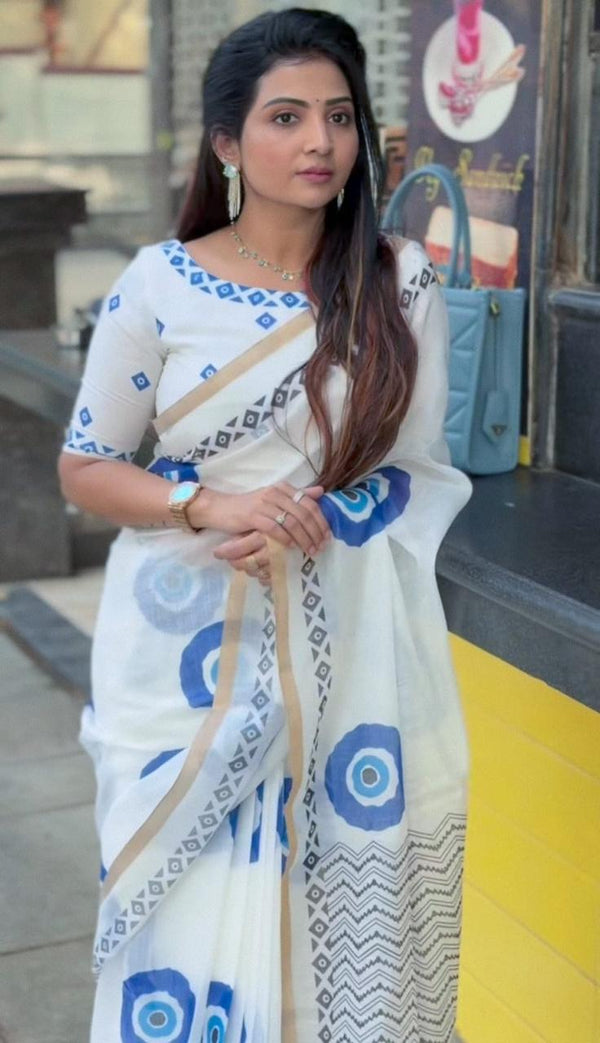 White And Blue Evil Eye Print Chanderi Cotton Saree | With Blouse Piece