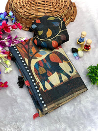 Deep Navy Blue Elephant Block Print Chanderi Cotton Saree | With Blouse Piece