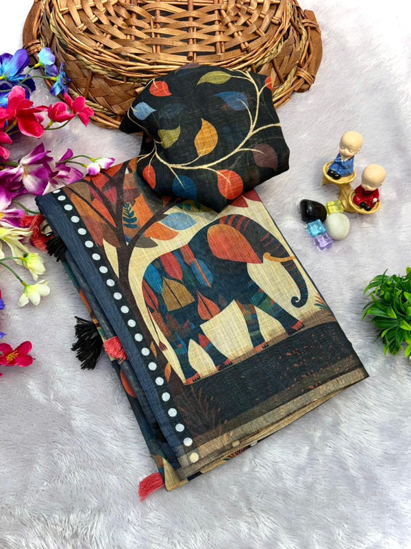 Deep Navy Blue Elephant Block Print Chanderi Cotton Saree | With Blouse Piece