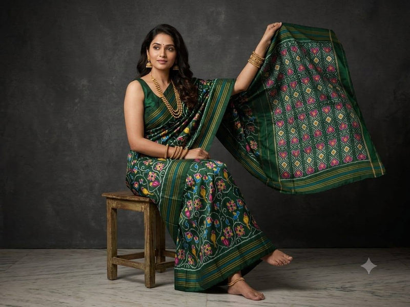 Emerald Green Pochampally Ikkat Dola Silk Printed Saree