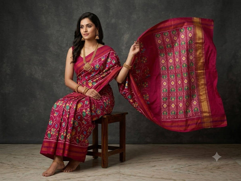 Rani Pink Pochampally Ikkat Dola Silk Printed Saree