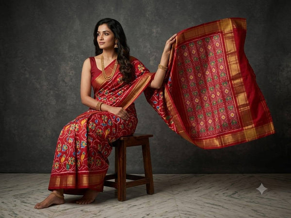 Red Pochampally Ikkat Dola Silk Printed Saree