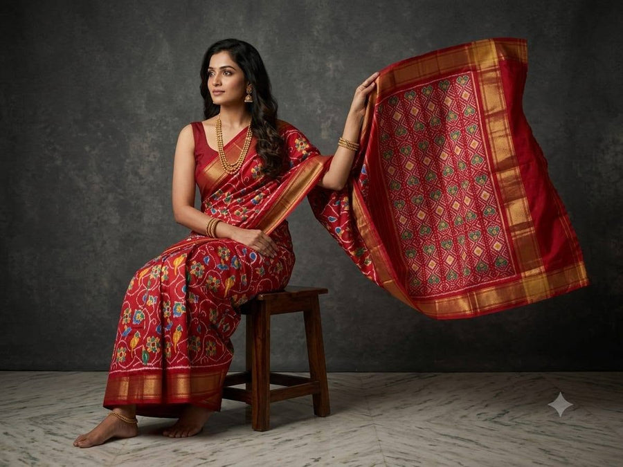 Red Pochampally Ikkat Dola Silk Printed Saree