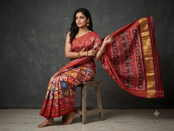 Multicolored Red Pochampally Ikkat Dola Silk Printed Saree