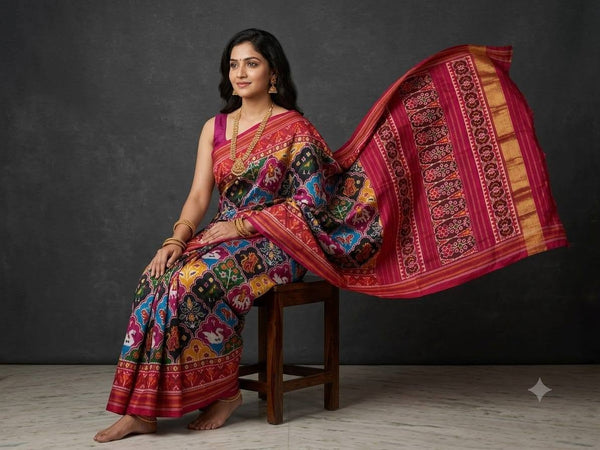 Multi-Color Violet Pochampally Ikkat Dola Silk Printed Saree