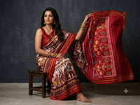 Cream And Red Pochampally Ikkat Dola Silk Printed Saree