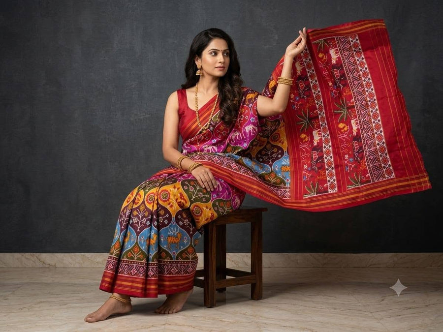 Multicolored Multi-Tone Pochampally Ikkat Dola Silk Printed Saree