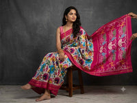 Multicolored Fuchsia Pink Pochampally Ikkat Dola Silk Printed Saree