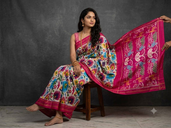 Multicolored Fuchsia Pink Pochampally Ikkat Dola Silk Printed Saree