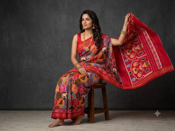 Multicolored Brick Red Pochampally Ikkat Dola Silk Printed Saree