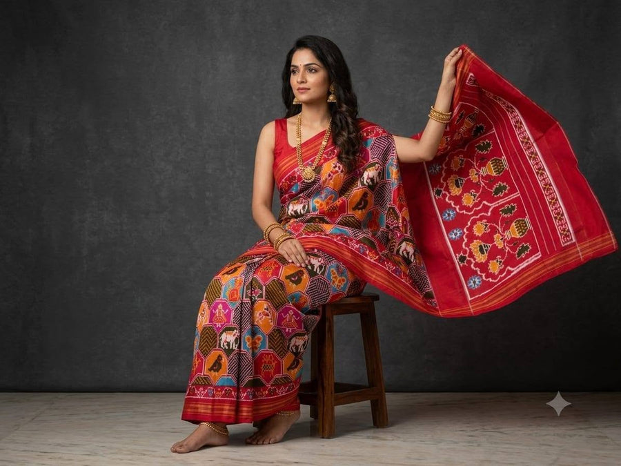 Multicolored Brick Red Pochampally Ikkat Dola Silk Printed Saree