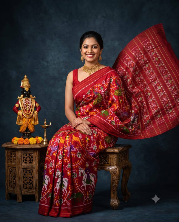 Crimson Red Pochampally Ikkat Dola Silk Printed Saree