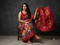 Multicolored Wine Red Pochampally Ikkat Dola Silk Printed Saree