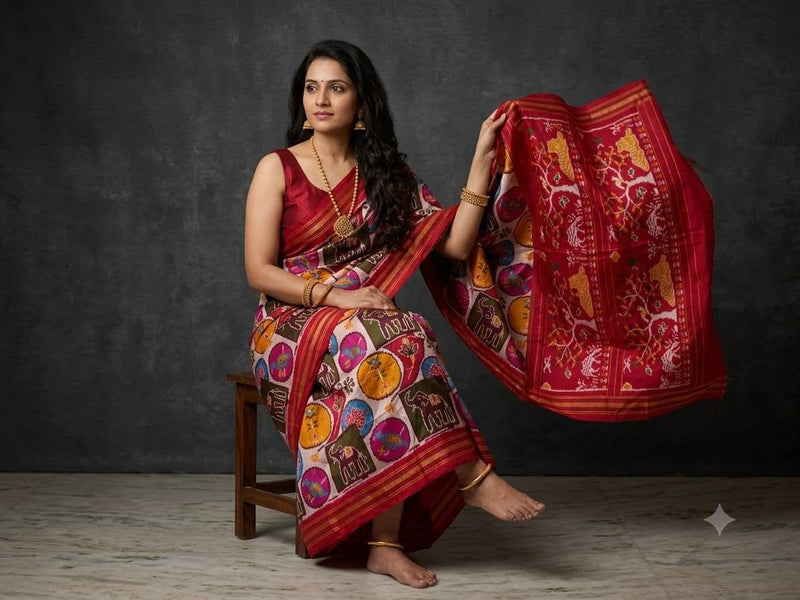 Multicolored Wine Red Pochampally Ikkat Dola Silk Printed Saree