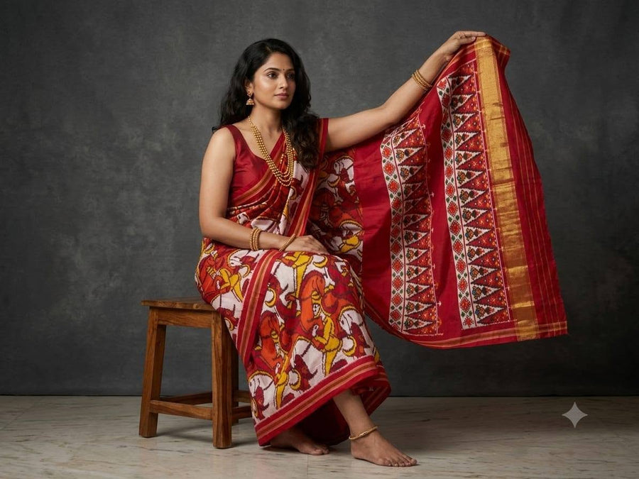 Multicolored Red And Mustard Pochampally Ikkat Dola Silk Printed Saree