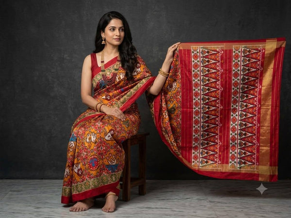 Mustard And Red Pochampally Ikkat Dola Silk Printed Saree