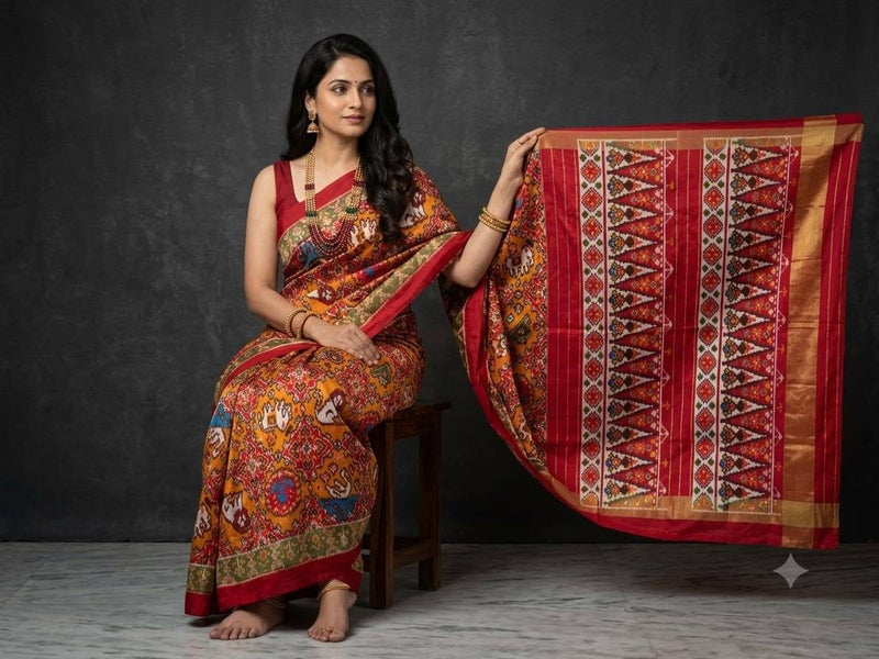 Mustard And Red Pochampally Ikkat Dola Silk Printed Saree