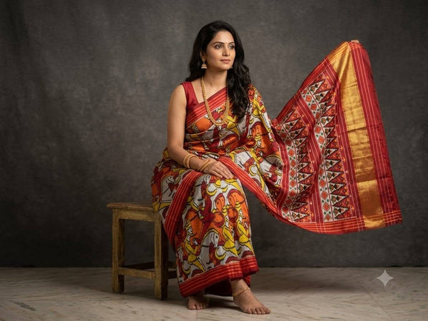Multicolored Mustard Yellow Pochampally Ikkat Dola Silk Printed Saree