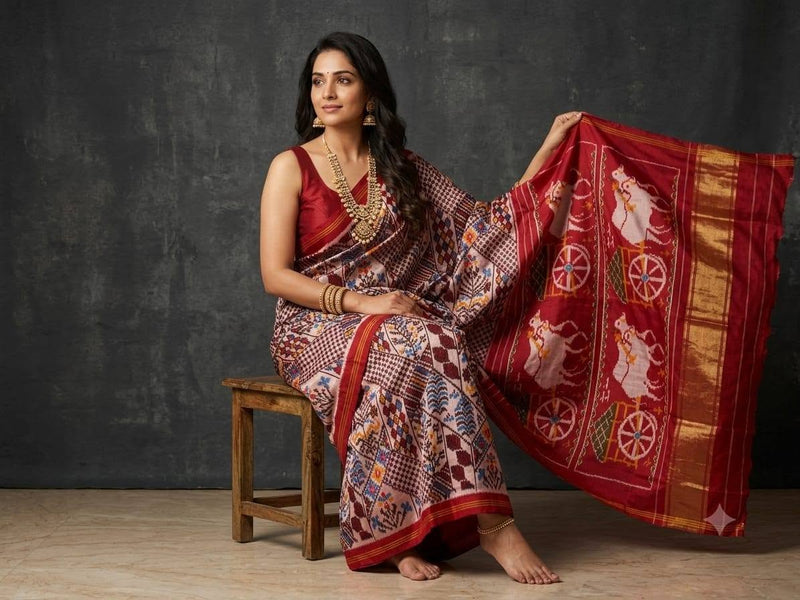 Multicolored Maroon And Cream Pochampally Ikkat Dola Silk Printed Saree