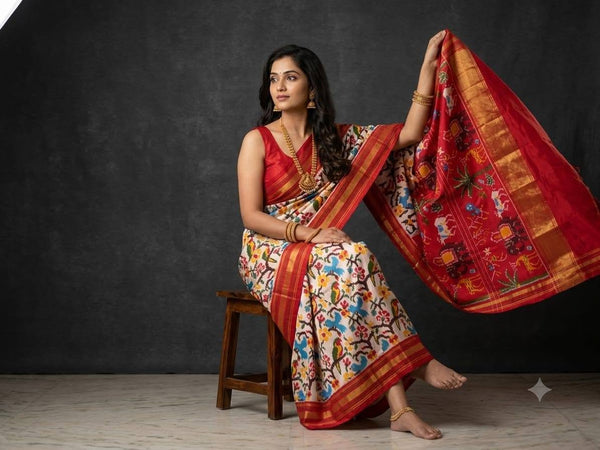 Multicolored Fuchsia Pink Pochampally Ikkat Dola Silk Printed Saree