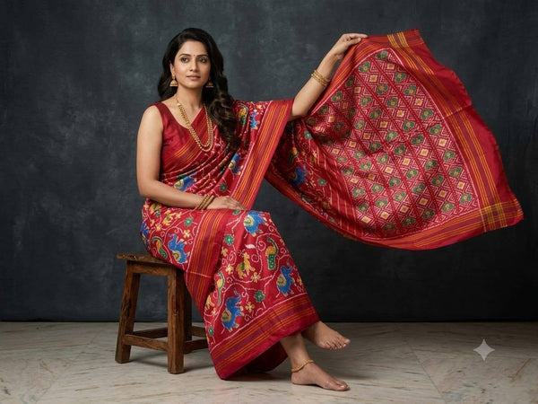 Deep Red Pochampally Ikkat Dola Silk Printed Saree