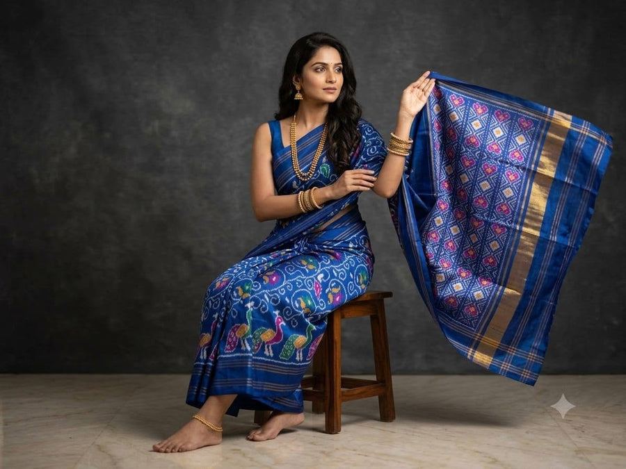 Blue Golden Pochampally Ikkat Dola Silk Printed Saree