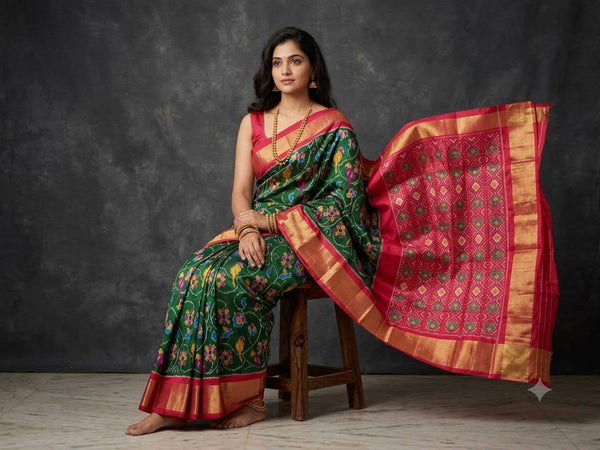 Multicolored Green And Pink Pochampally Ikkat Dola Silk Printed Saree