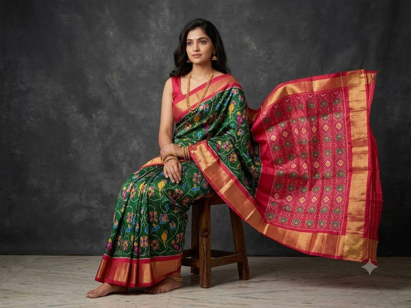 Multicolored Green And Pink Pochampally Ikkat Dola Silk Printed Saree