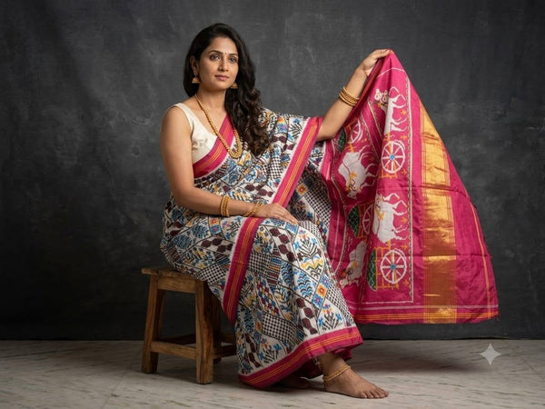 Off-White And Pink Pochampally Ikkat Dola Silk Printed Saree
