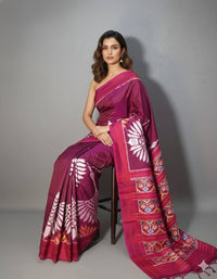 Wine And Pink Pochampally Ikkat Dola Silk Printed Saree
