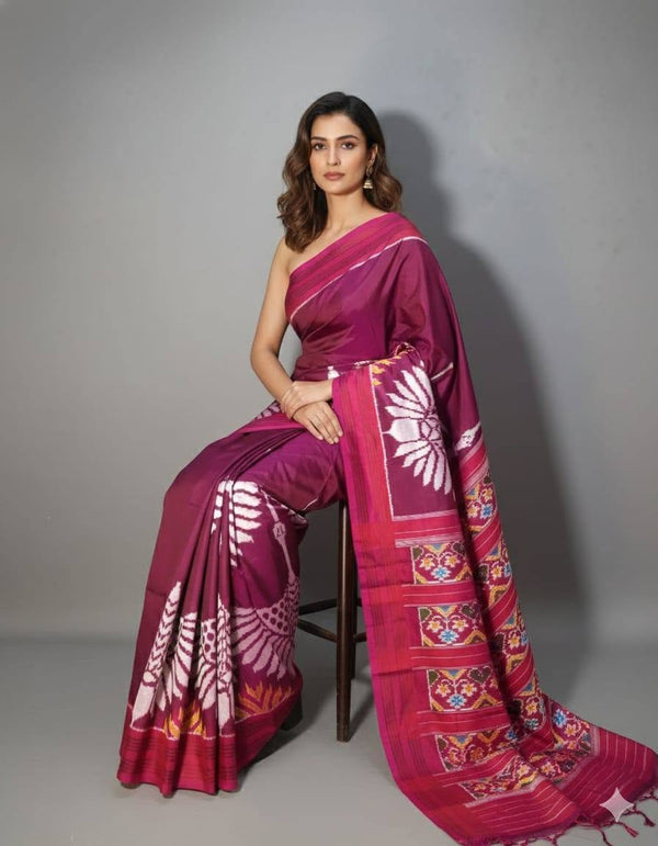 Wine And Pink Pochampally Ikkat Dola Silk Printed Saree